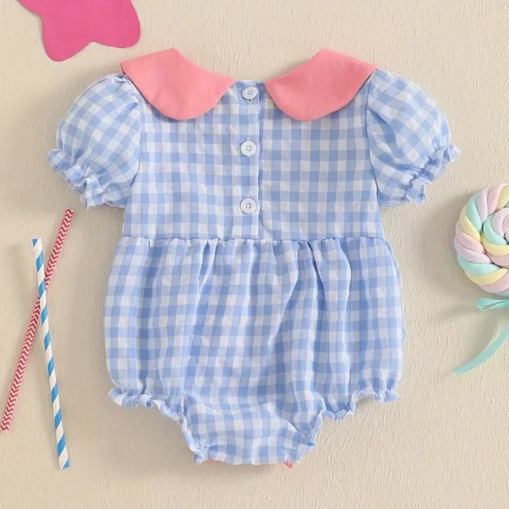 Princess Castle Disney Design Pink & Blue Gingham 6-12 Months Peter Pan Collar